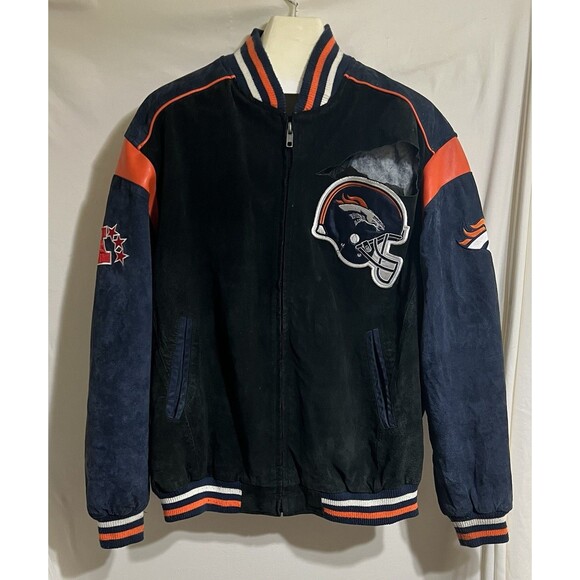 NFL  Denver Broncos Leather Jacket Size XXL Needs Repair Rare Patches thrashed - Picture 1 of 16
